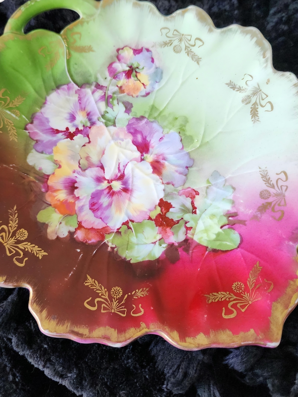 VTG Antique Bavarian Hand Painted Pansy Porcelain Plate Gilt Relish Dish c1900